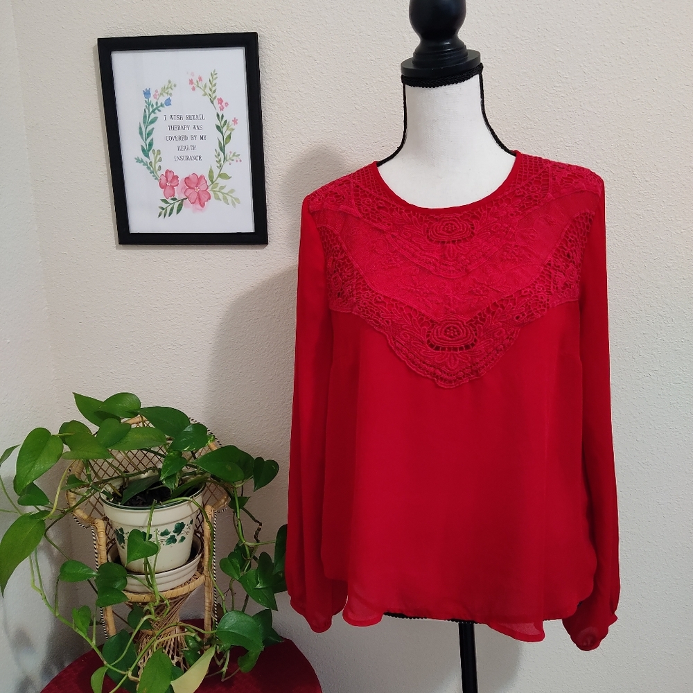 Forever 21 Womens Top Size Medium Long Sleeve Red Lace Blouse Office Party